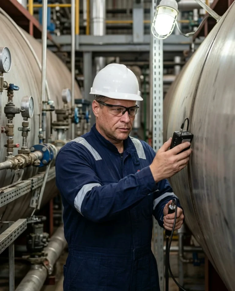 Engenheiro fazendo inspeção NR-13 em vasos de pressão industriais