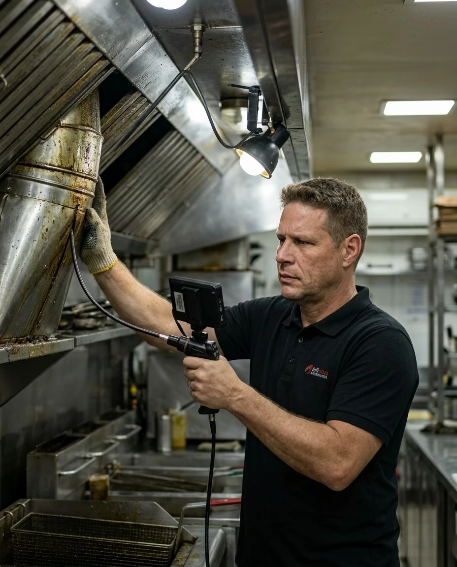 Inspeção de exaustão de cozinha industrial: coifa e dutos